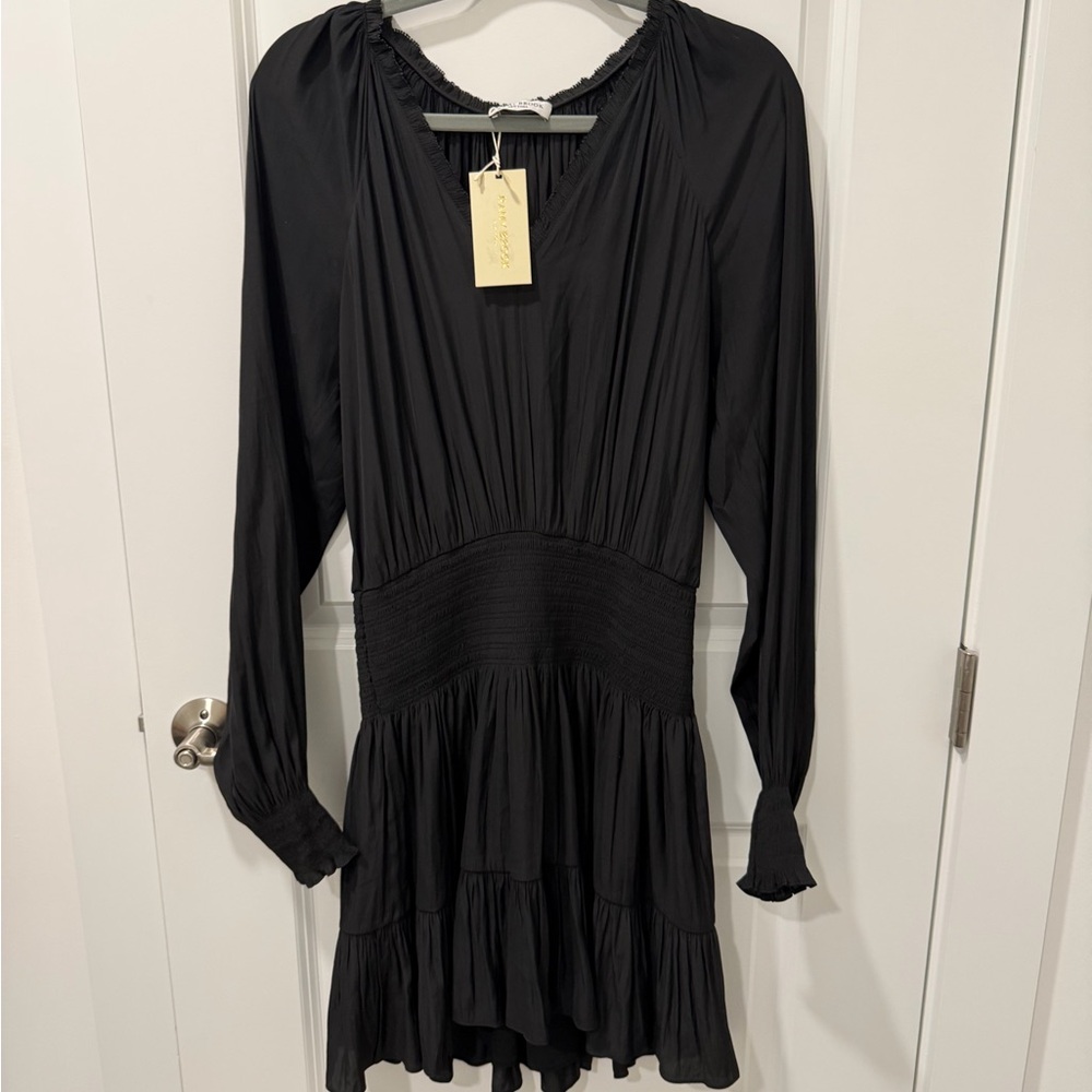 Ramy Brook Black Long-Sleeve Smocked-Waist Mini Dress